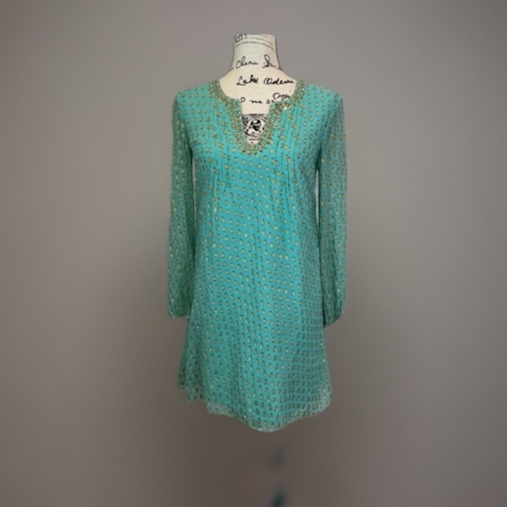 Lilly Pulitzer Shift Dress Womens 0 Turquoise Gold Metallic Dot Embellished Silk